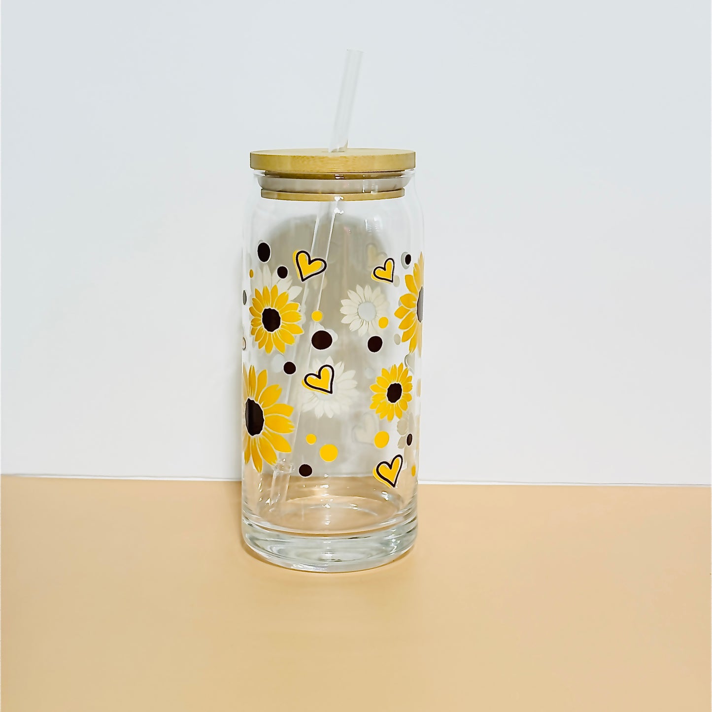 20oz Libbey Glass Can Tumbler | Sunflower & Heart UVDTF Wrap