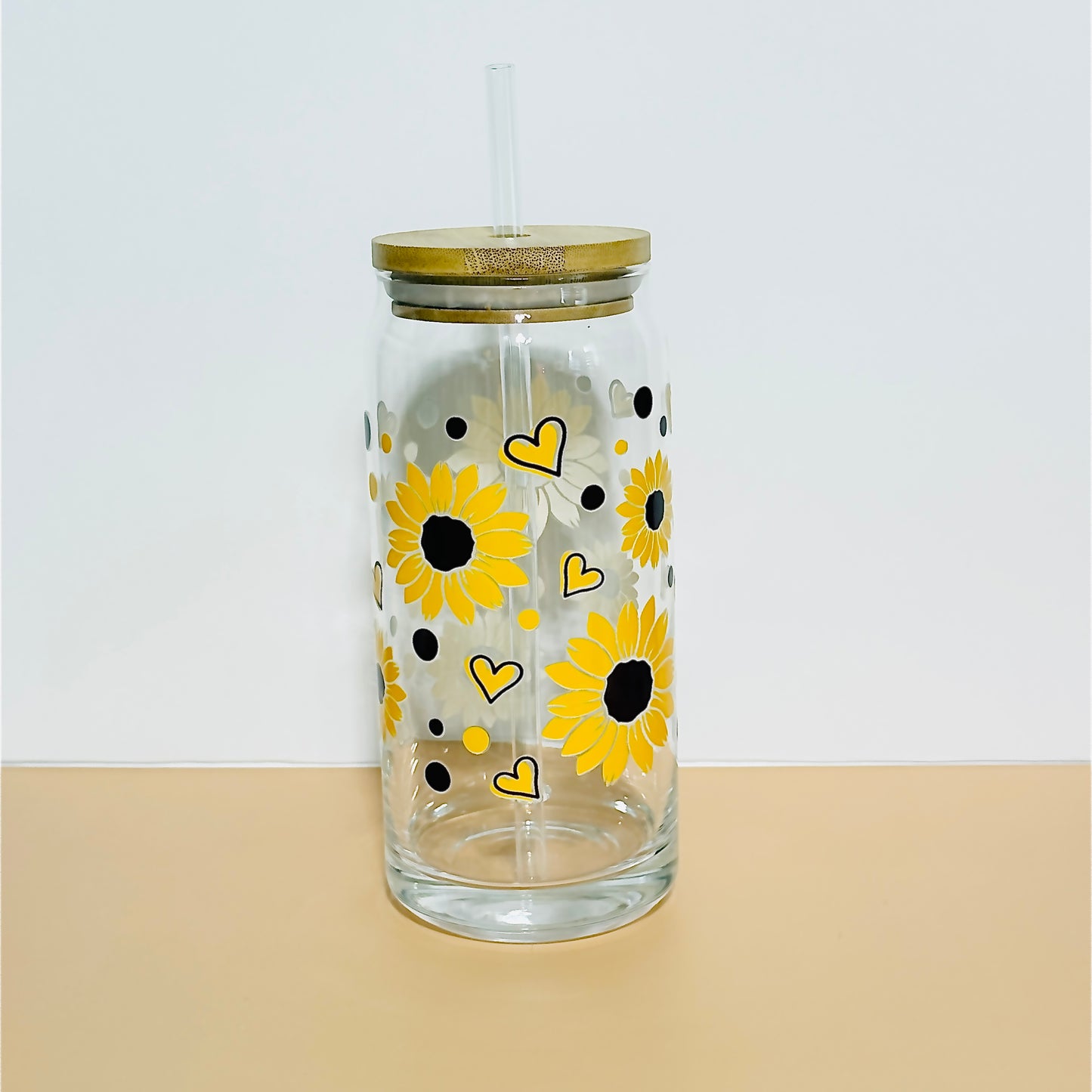 20oz Libbey Glass Can Tumbler | Sunflower & Heart UVDTF Wrap