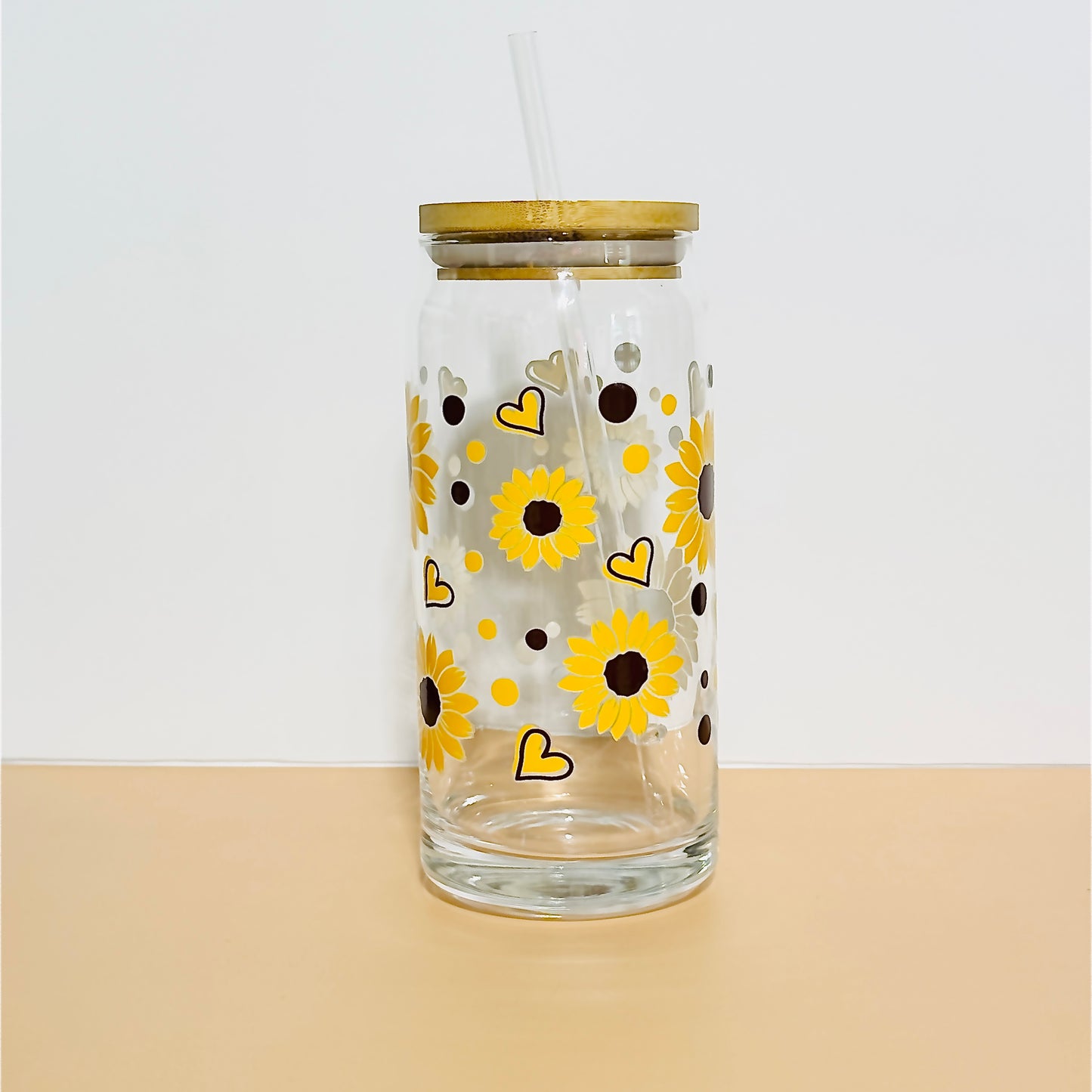 20oz Libbey Glass Can Tumbler | Sunflower & Heart UVDTF Wrap