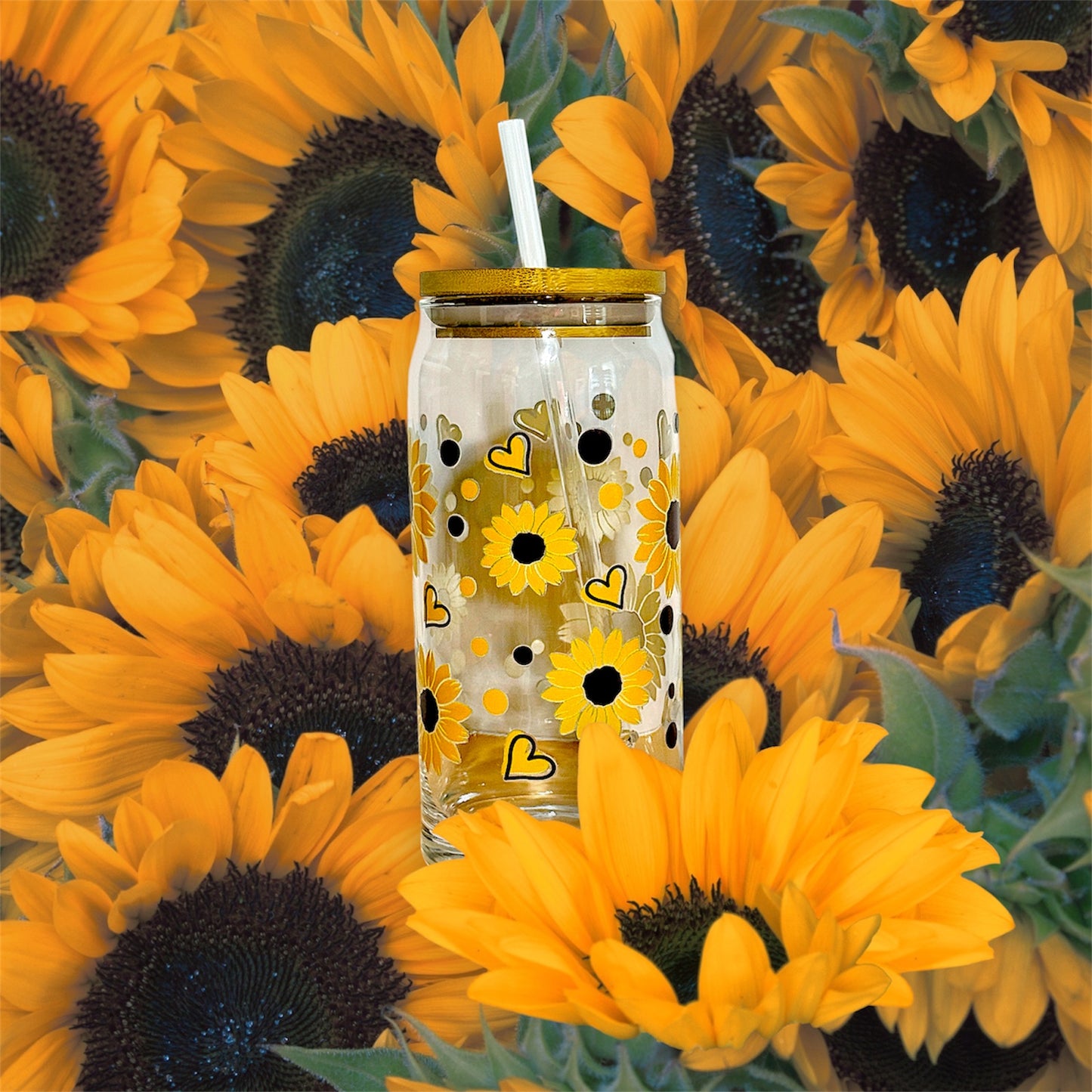 20oz Libbey Glass Can Tumbler | Sunflower & Heart UVDTF Wrap