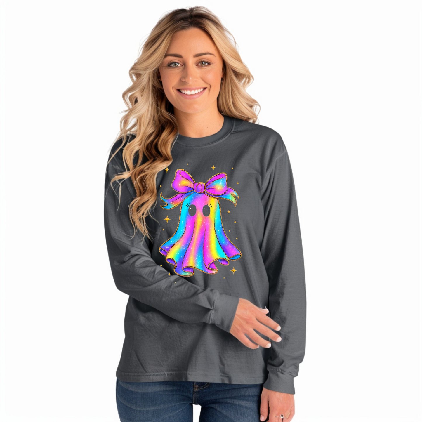 "Float into Fun! 👻 Embrace the Rainbow Iridescent Ghost Sweatshirt!"