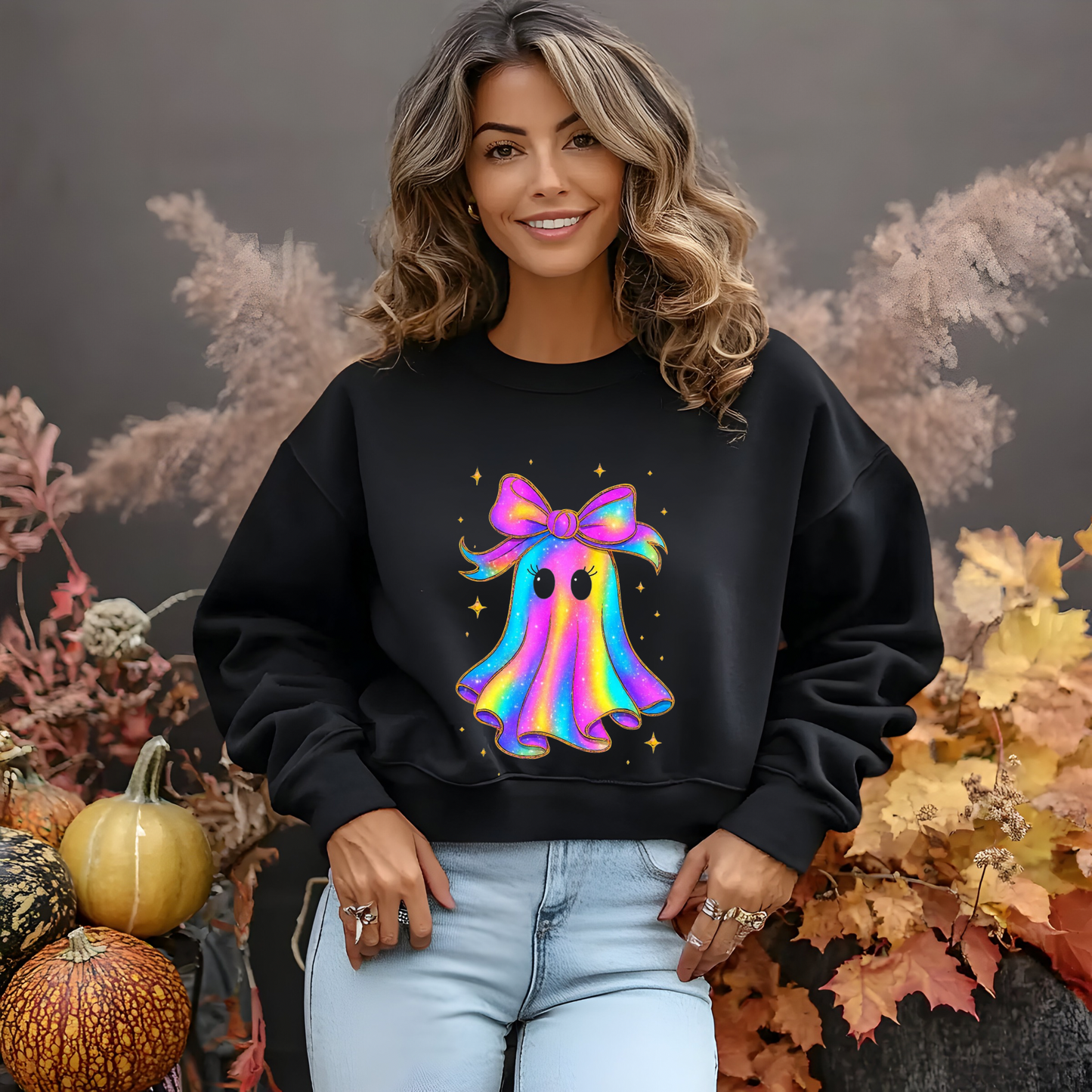 "Float into Fun! 👻 Embrace the Rainbow Iridescent Ghost Sweatshirt!"