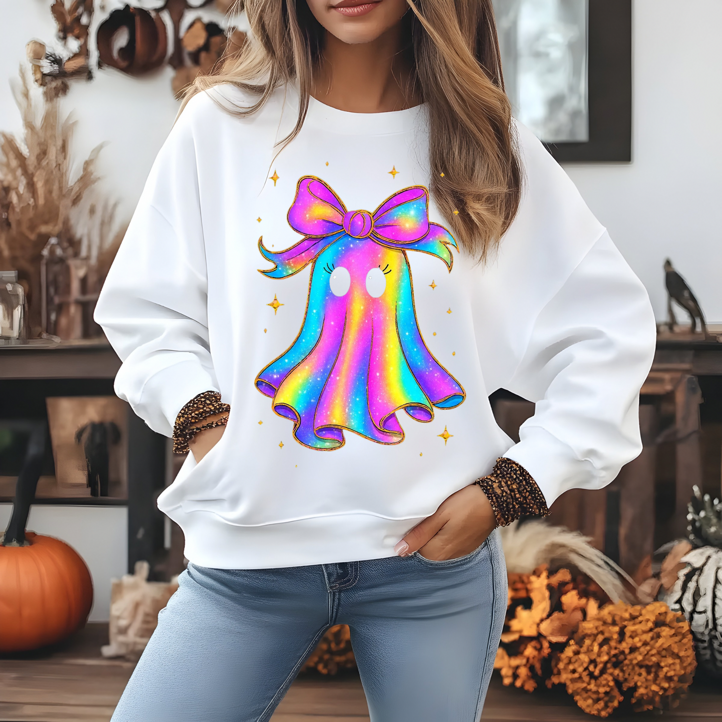 "Float into Fun! 👻 Embrace the Rainbow Iridescent Ghost Sweatshirt!"
