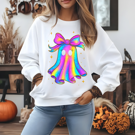 "Float into Fun! 👻 Embrace the Rainbow Iridescent Ghost Sweatshirt!"