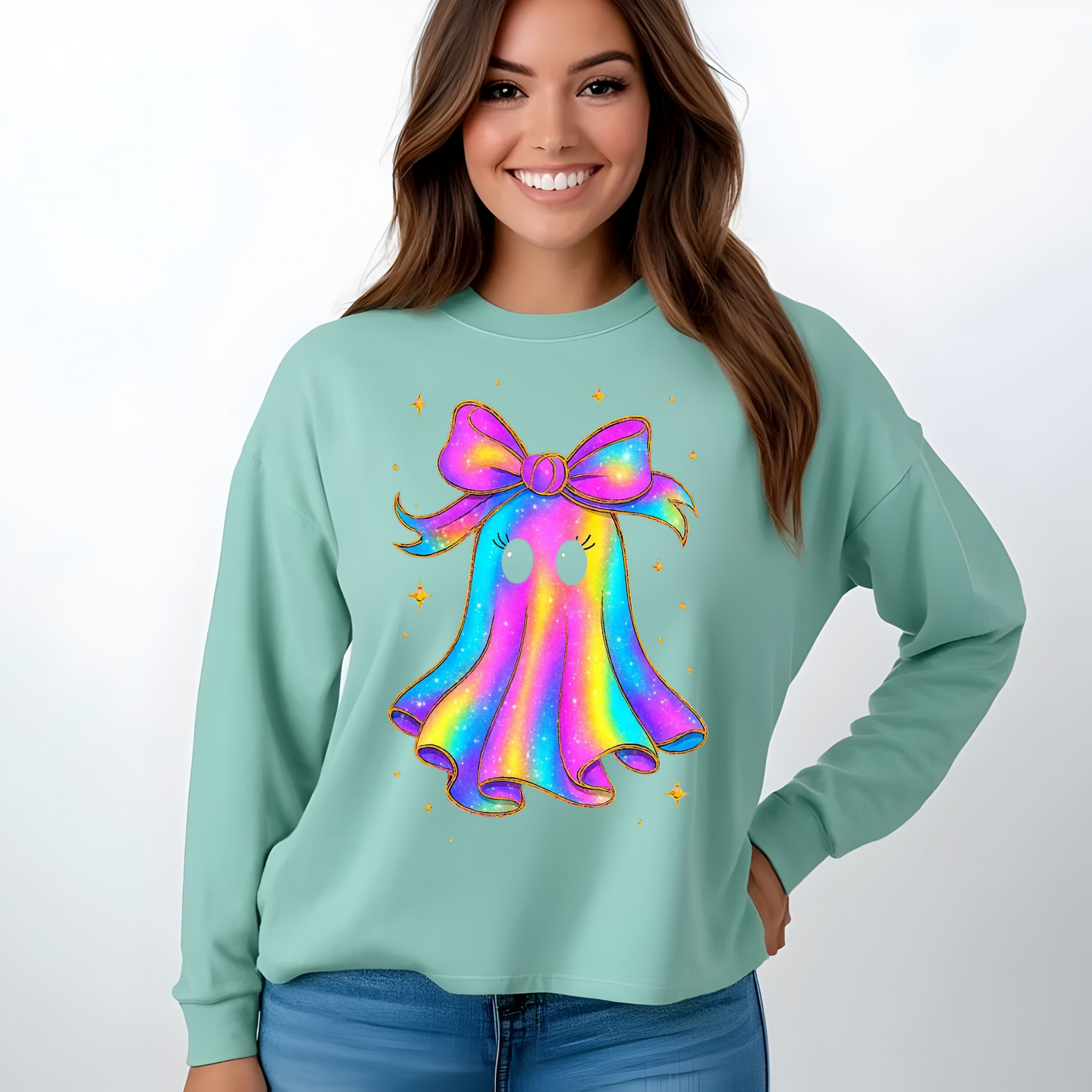 "Float into Fun! 👻 Embrace the Rainbow Iridescent Ghost Sweatshirt!"