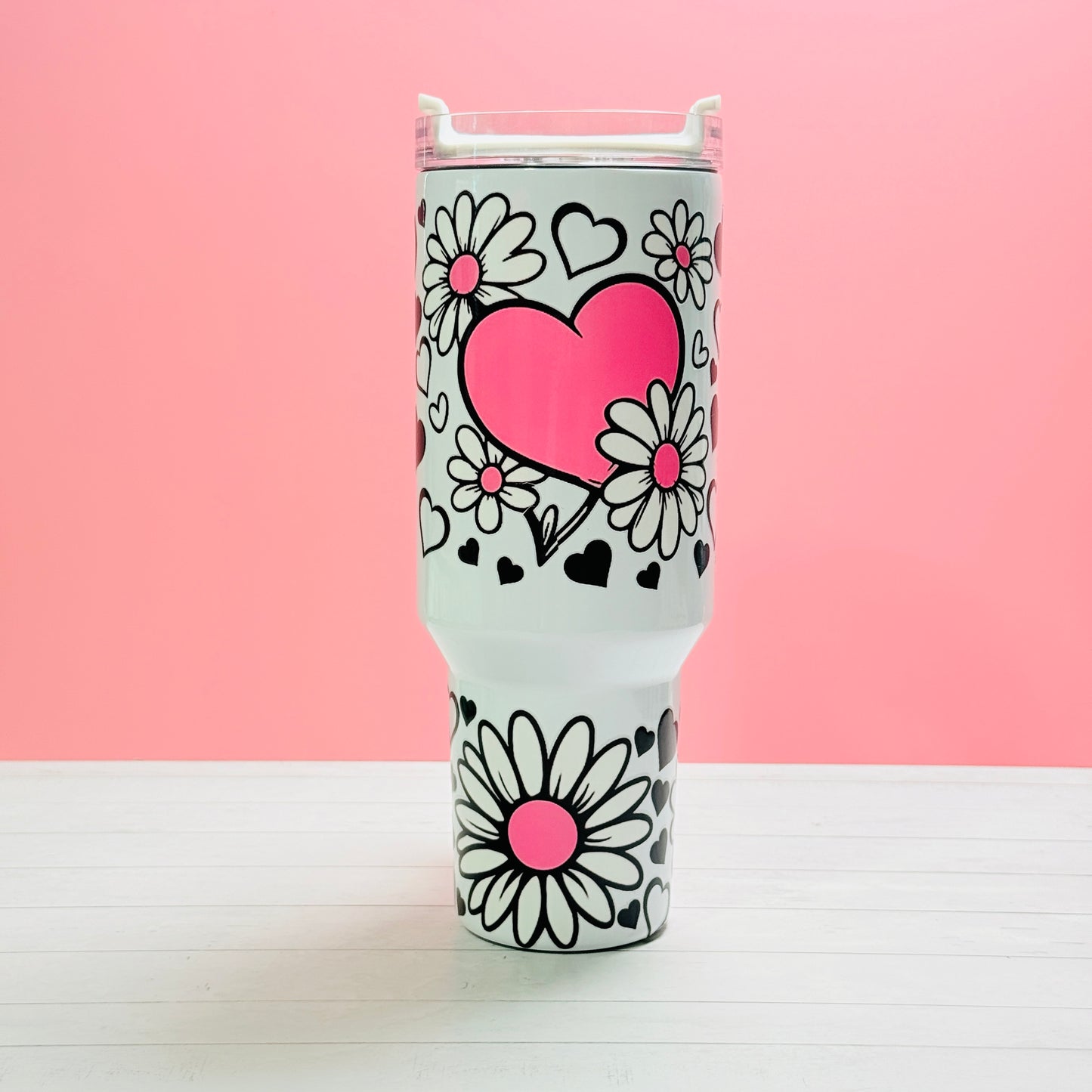 40oz Stainless Steel Tumbler with Handle – UVDTF Wrap with Black, White & Pink Heart and Flowers