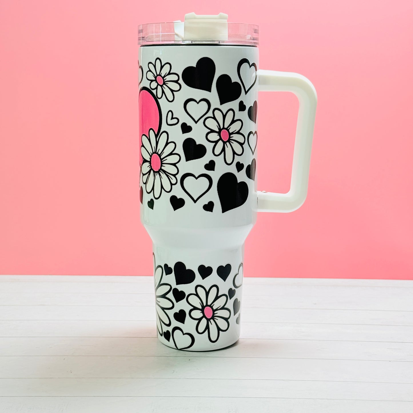 40oz Stainless Steel Tumbler with Handle – UVDTF Wrap with Black, White & Pink Heart and Flowers