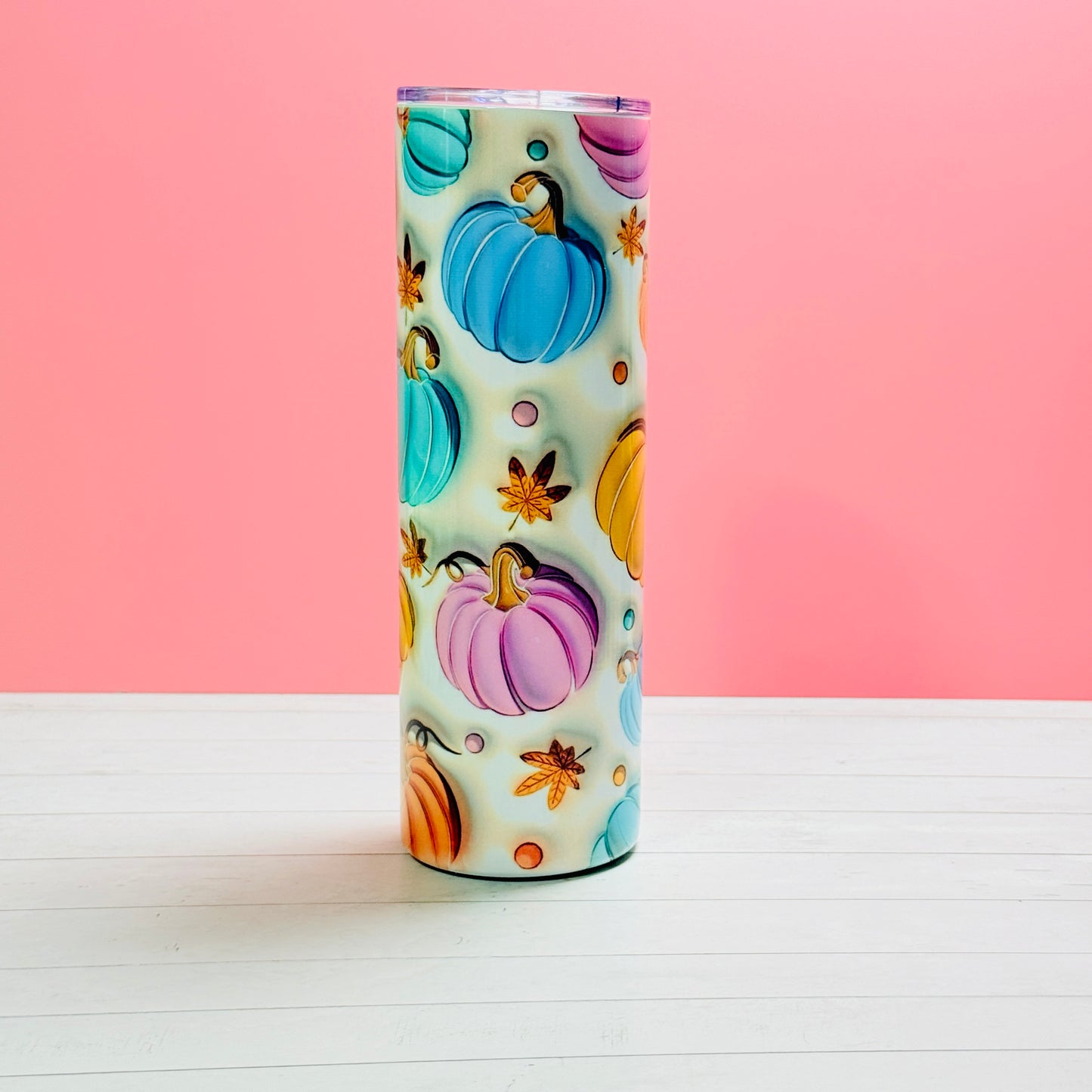 30oz Stainless Steel Sublimated Tumbler – 3D Pumpkin Full Wrap in Blue, Orange, Yellow & Pink