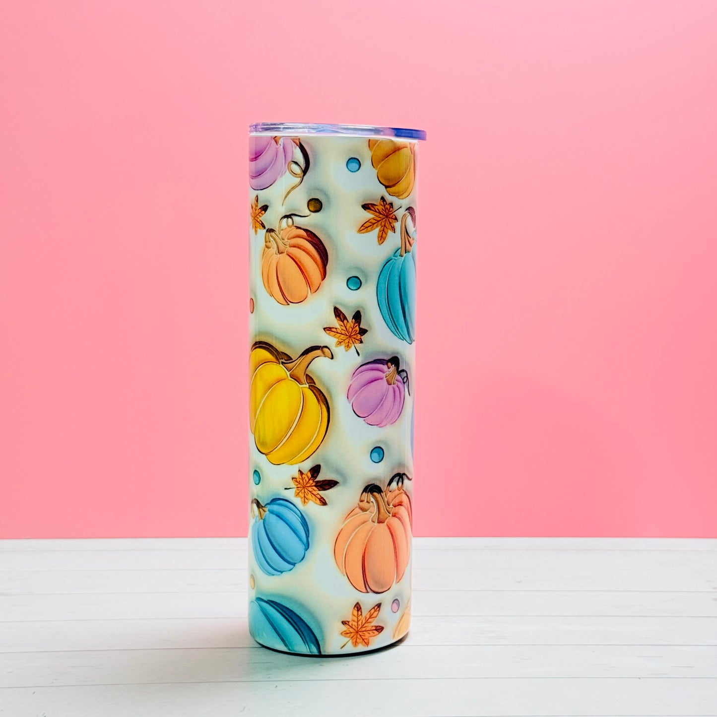 30oz Stainless Steel Sublimated Tumbler – 3D Pumpkin Full Wrap in Blue, Orange, Yellow & Pink