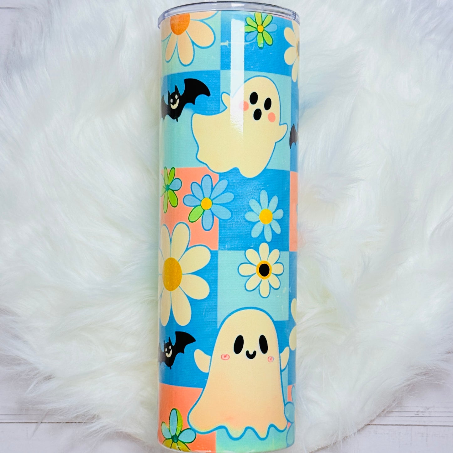 👻 30oz Sublimated Tumbler – Ghosts, Bats & Daisies Design