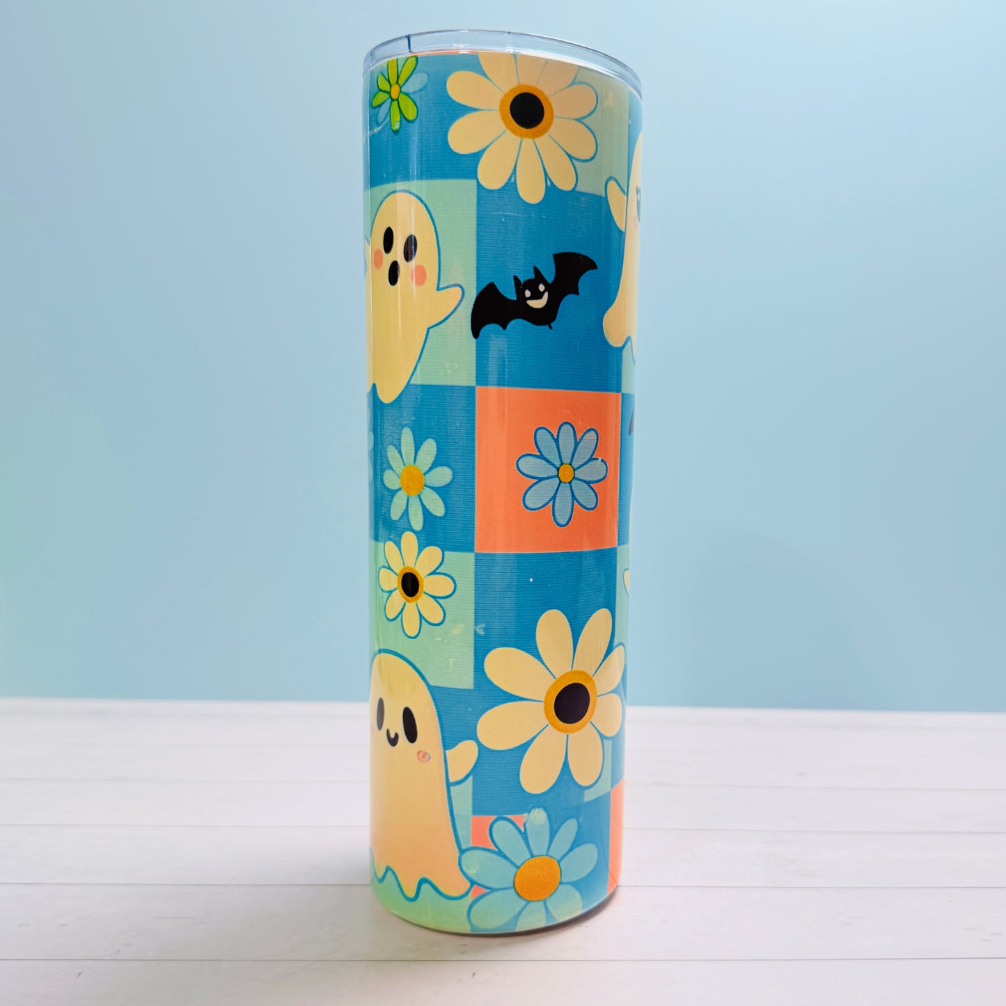 👻 30oz Sublimated Tumbler – Ghosts, Bats & Daisies Design