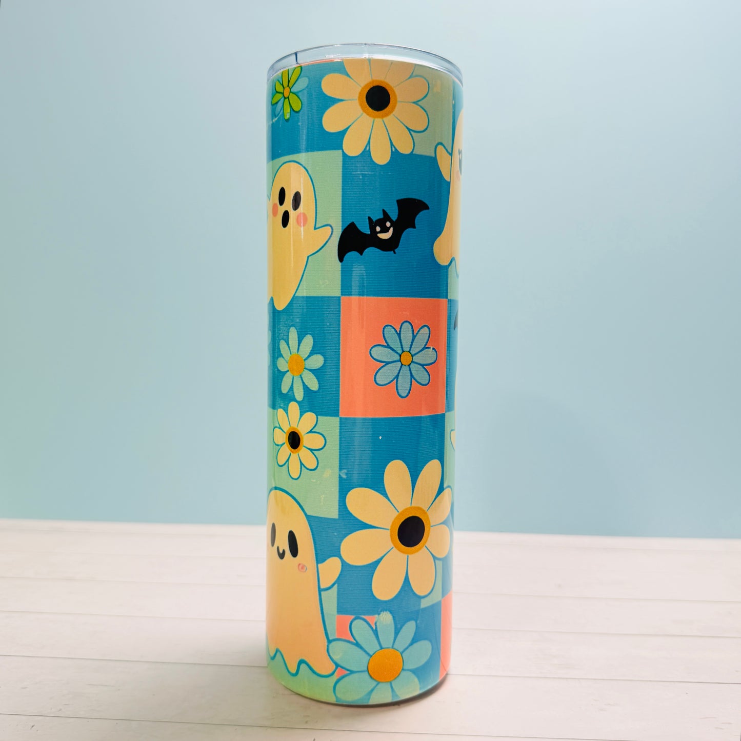 👻 30oz Sublimated Tumbler – Ghosts, Bats & Daisies Design