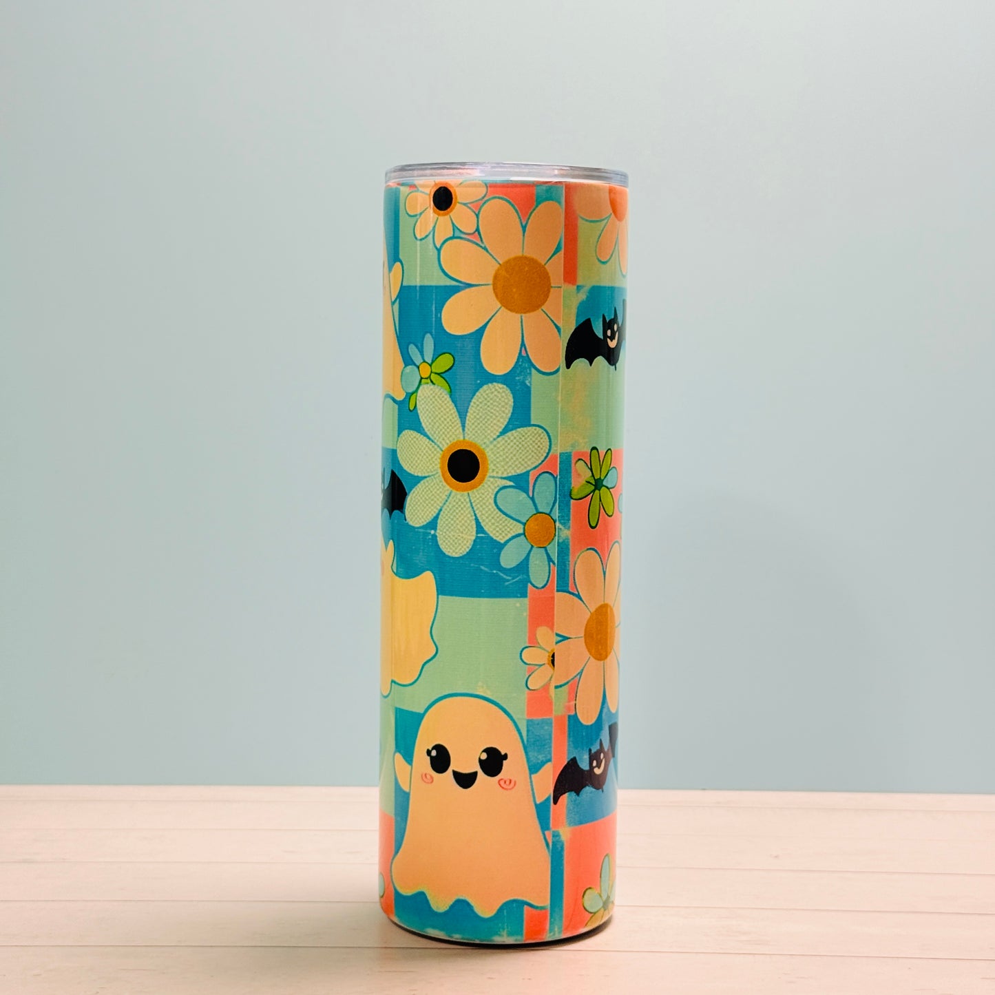 👻 30oz Sublimated Tumbler – Ghosts, Bats & Daisies Design