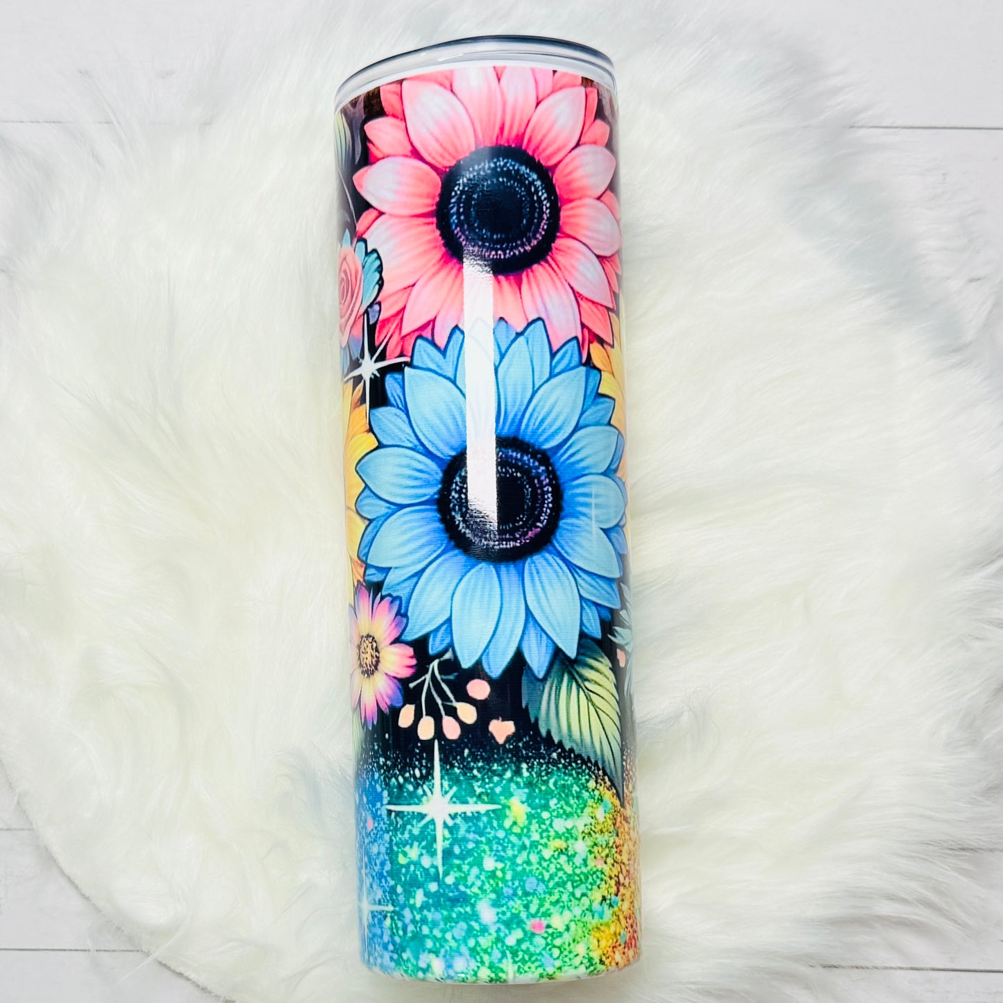 🌸 30oz Sublimated Tumbler – Colorful Sunflower & Glitter Design
