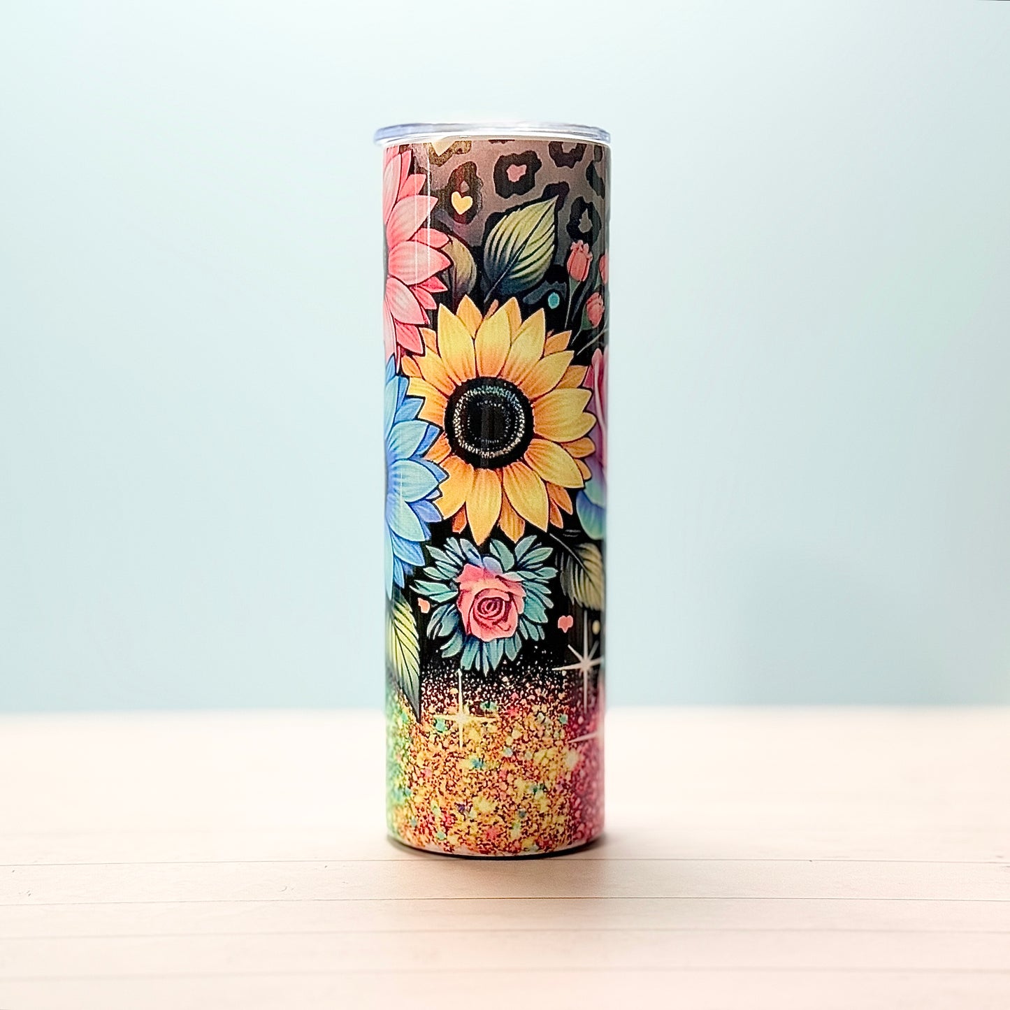 🌸 30oz Sublimated Tumbler – Colorful Sunflower & Glitter Design