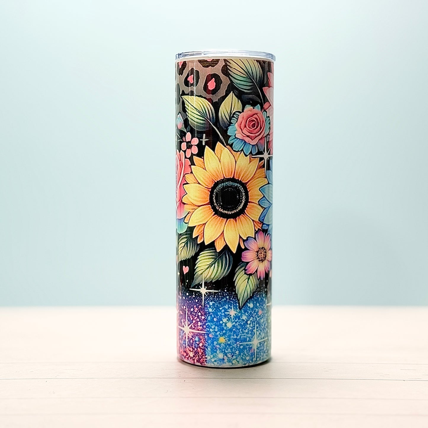 🌸 30oz Sublimated Tumbler – Colorful Sunflower & Glitter Design