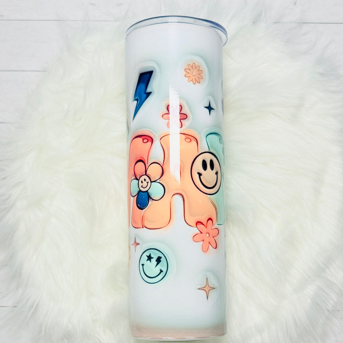 30oz Stainless Steel Sublimated MAMA Tumbler with Retro Smiley Faces, Flowers & Stars