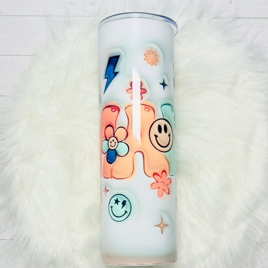 30oz Stainless Steel Sublimated MAMA Tumbler with Retro Smiley Faces, Flowers & Stars