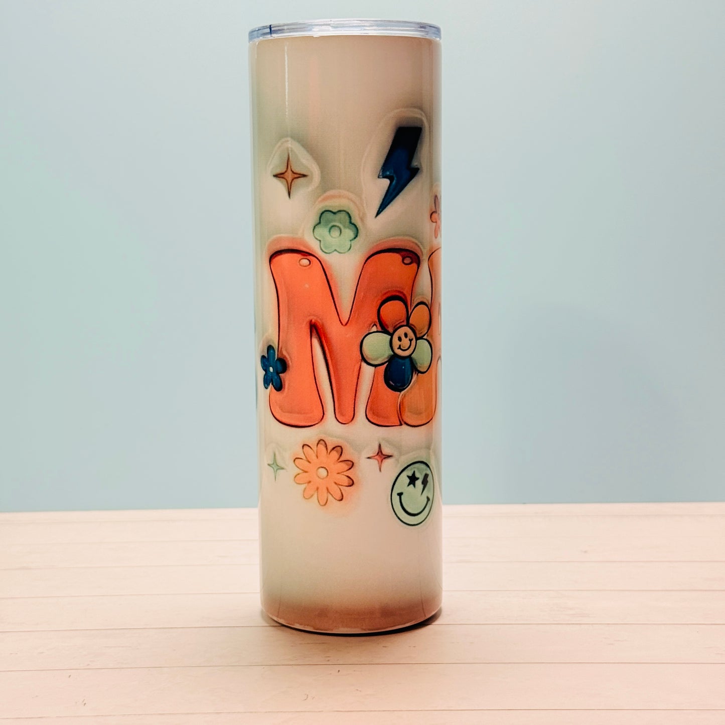 30oz Stainless Steel Sublimated MAMA Tumbler with Retro Smiley Faces, Flowers & Stars