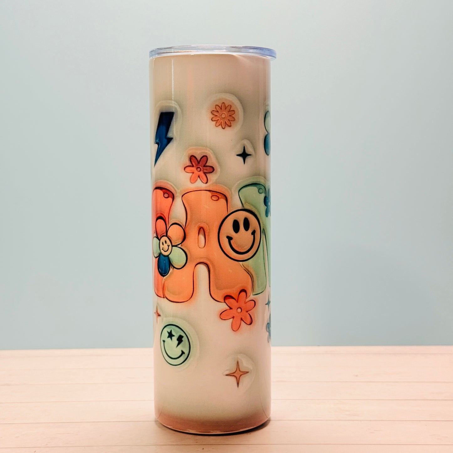 30oz Stainless Steel Sublimated MAMA Tumbler with Retro Smiley Faces, Flowers & Stars