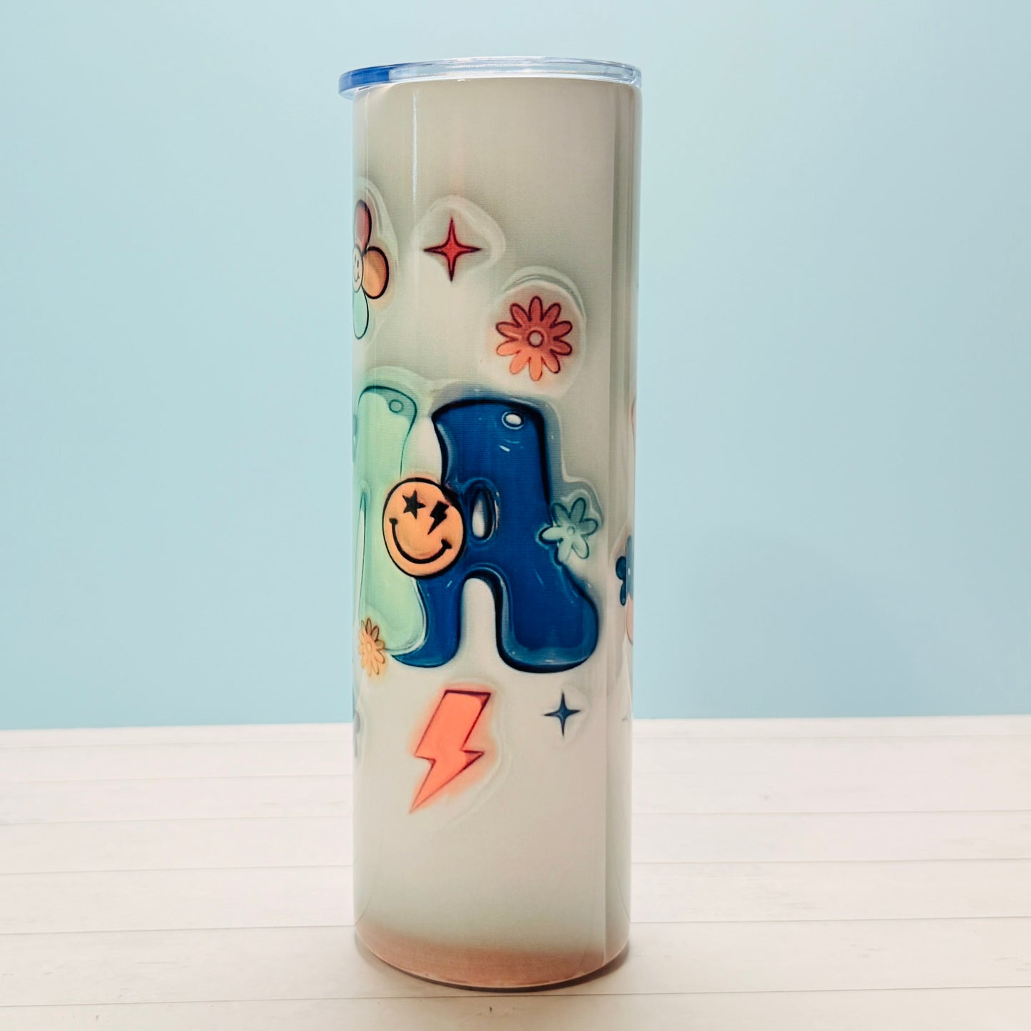 30oz Stainless Steel Sublimated MAMA Tumbler with Retro Smiley Faces, Flowers & Stars