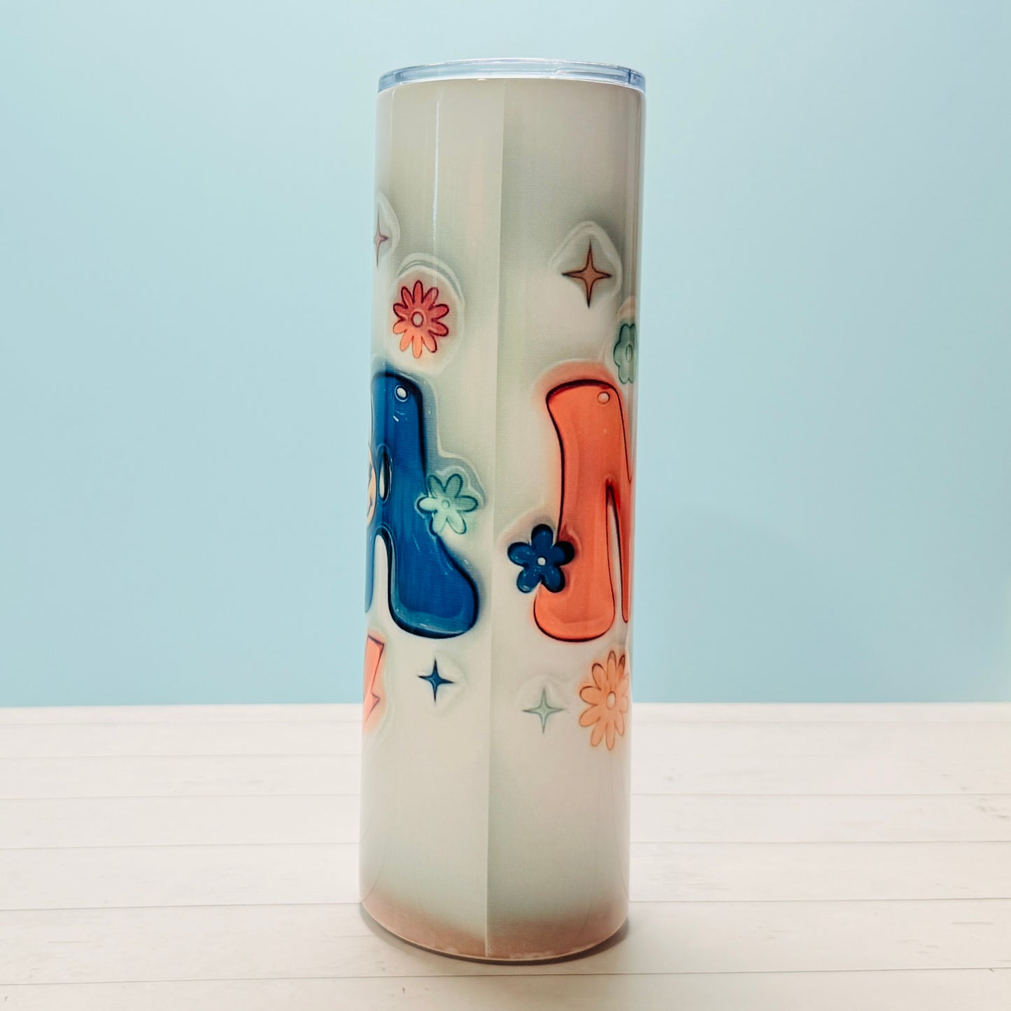 30oz Stainless Steel Sublimated MAMA Tumbler with Retro Smiley Faces, Flowers & Stars