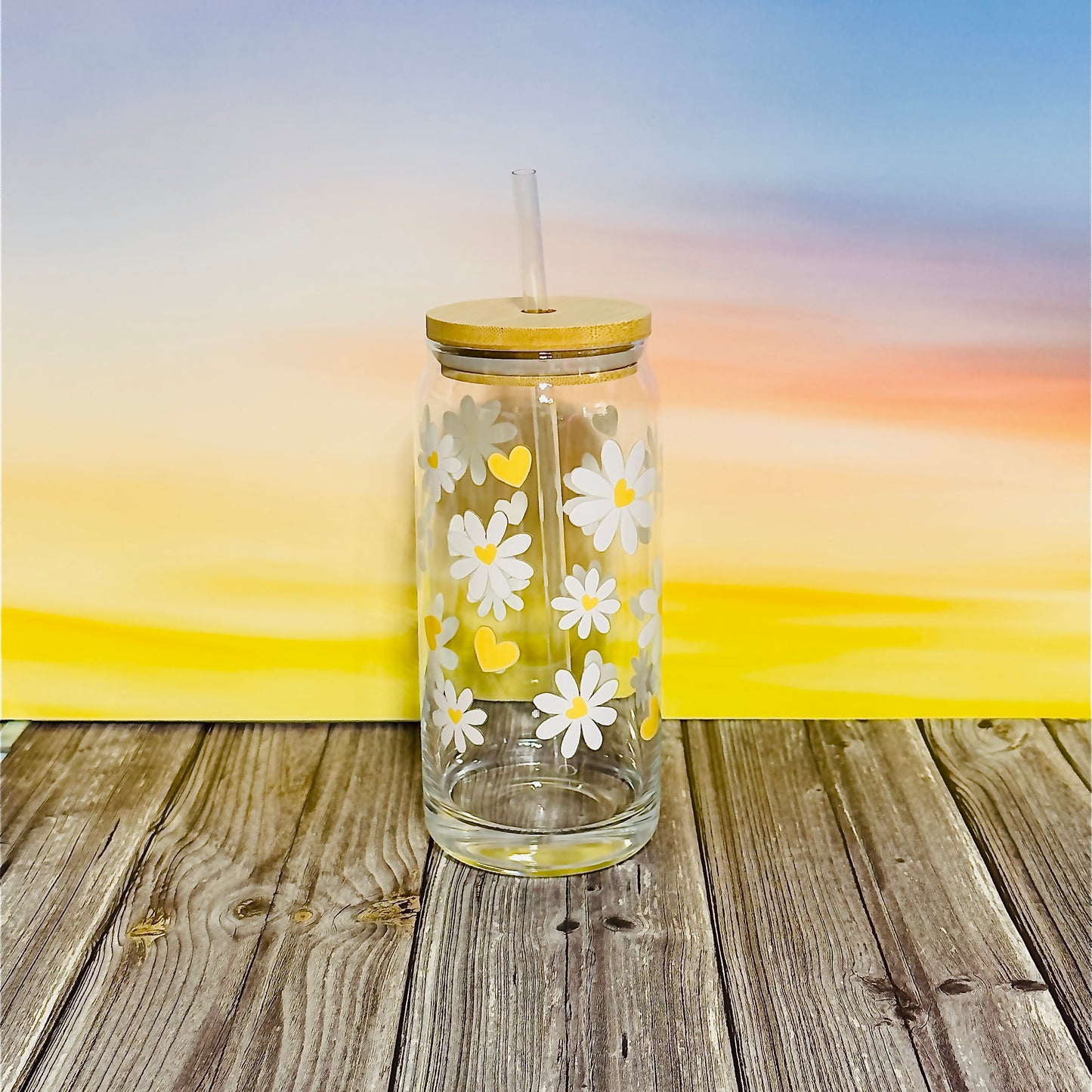 ✨ 20oz Glass Beer Can Tumbler – White Flowers with Yellow Hearts ✨