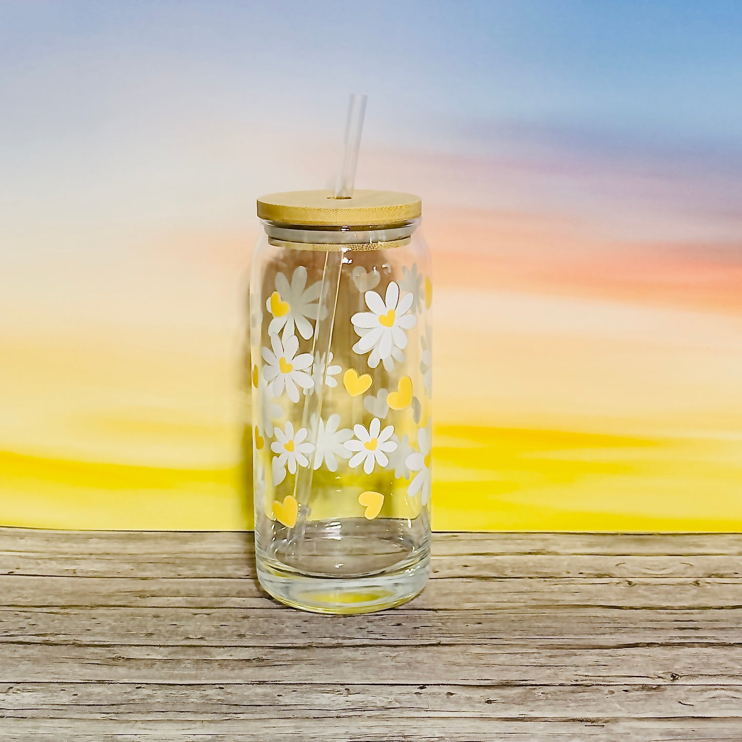 ✨ 20oz Glass Beer Can Tumbler – White Flowers with Yellow Hearts ✨