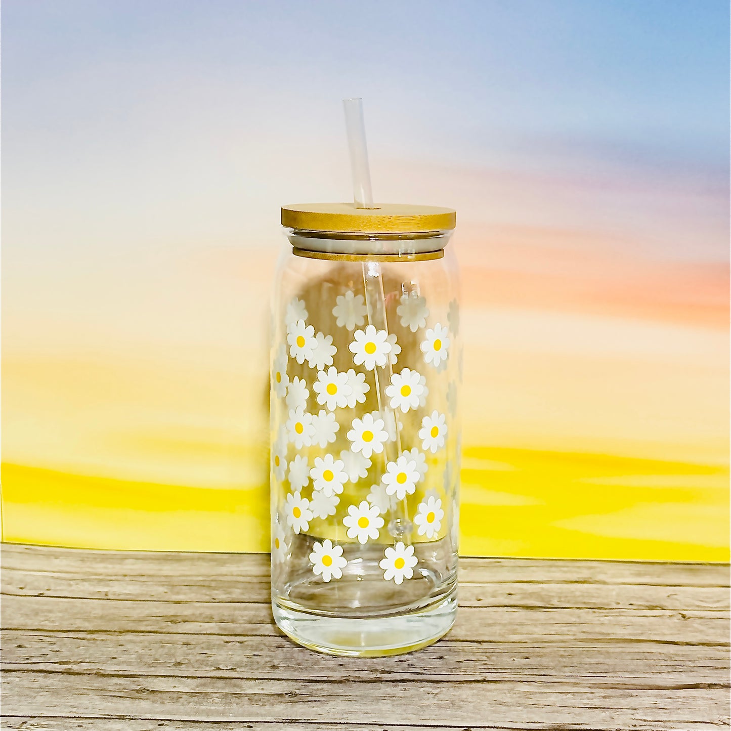 🌼 20oz Glass Beer Can Tumbler – White Florals with Yellow Centers 🌼