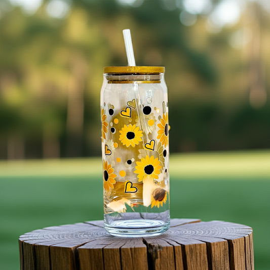 20oz Libbey Glass Can Tumbler | Sunflower & Heart UVDTF Wrap