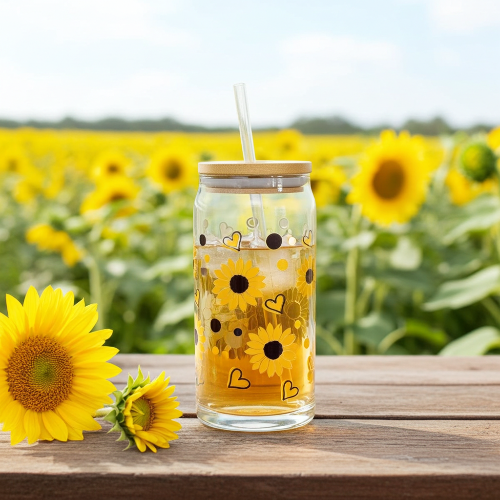 20oz Libbey Glass Can Tumbler | Sunflower & Heart UVDTF Wrap