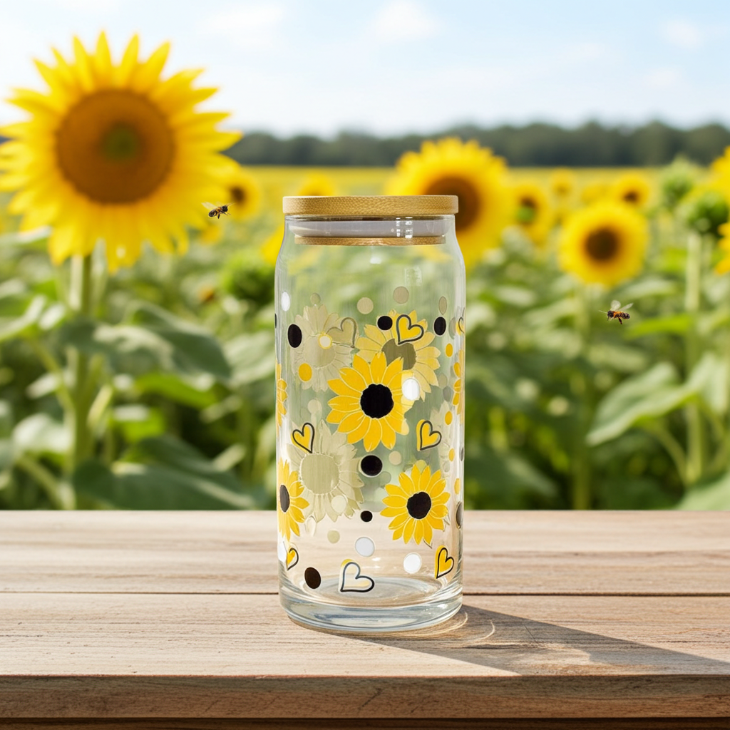 20oz Libbey Glass Can Tumbler | Sunflower & Heart UVDTF Wrap