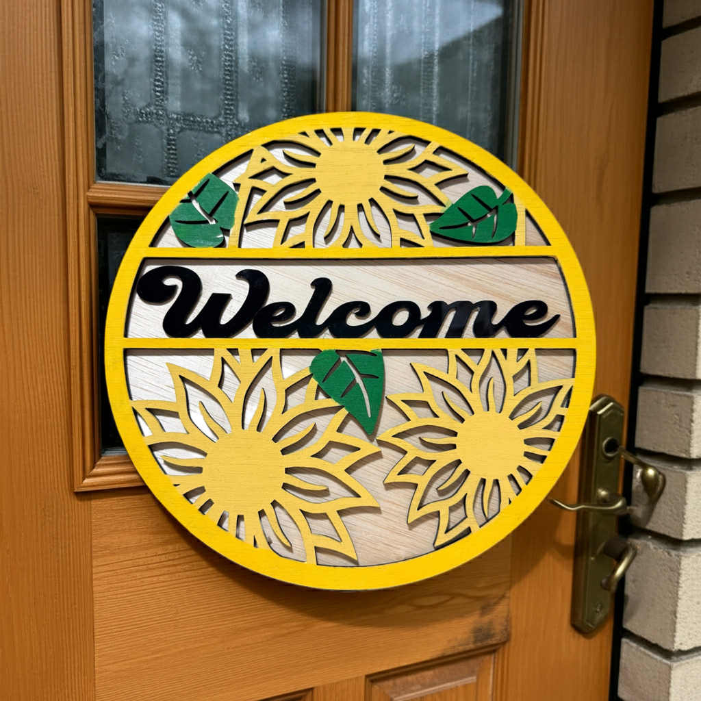 Sunflower Welcome Door Sign | Handmade Wooden Round Entryway Decor | Farmhouse Home & Porch Accent