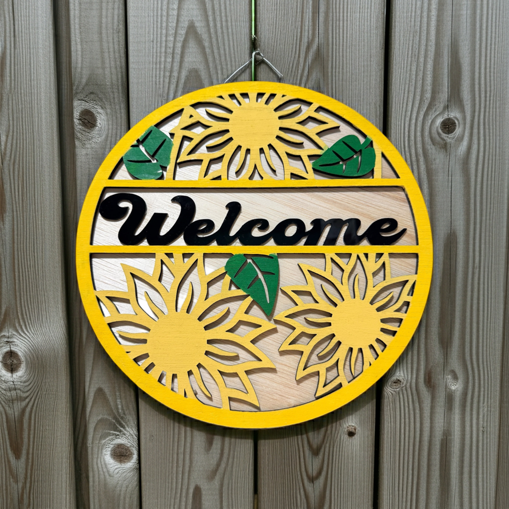 Sunflower Welcome Door Sign | Handmade Wooden Round Entryway Decor | Farmhouse Home & Porch Accent