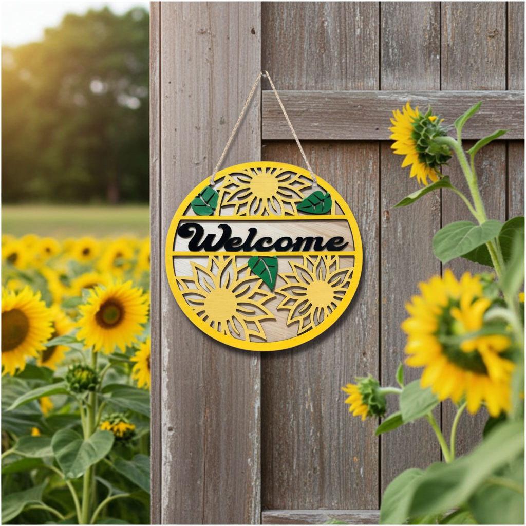 Sunflower Welcome Door Sign | Handmade Wooden Round Entryway Decor | Farmhouse Home & Porch Accent