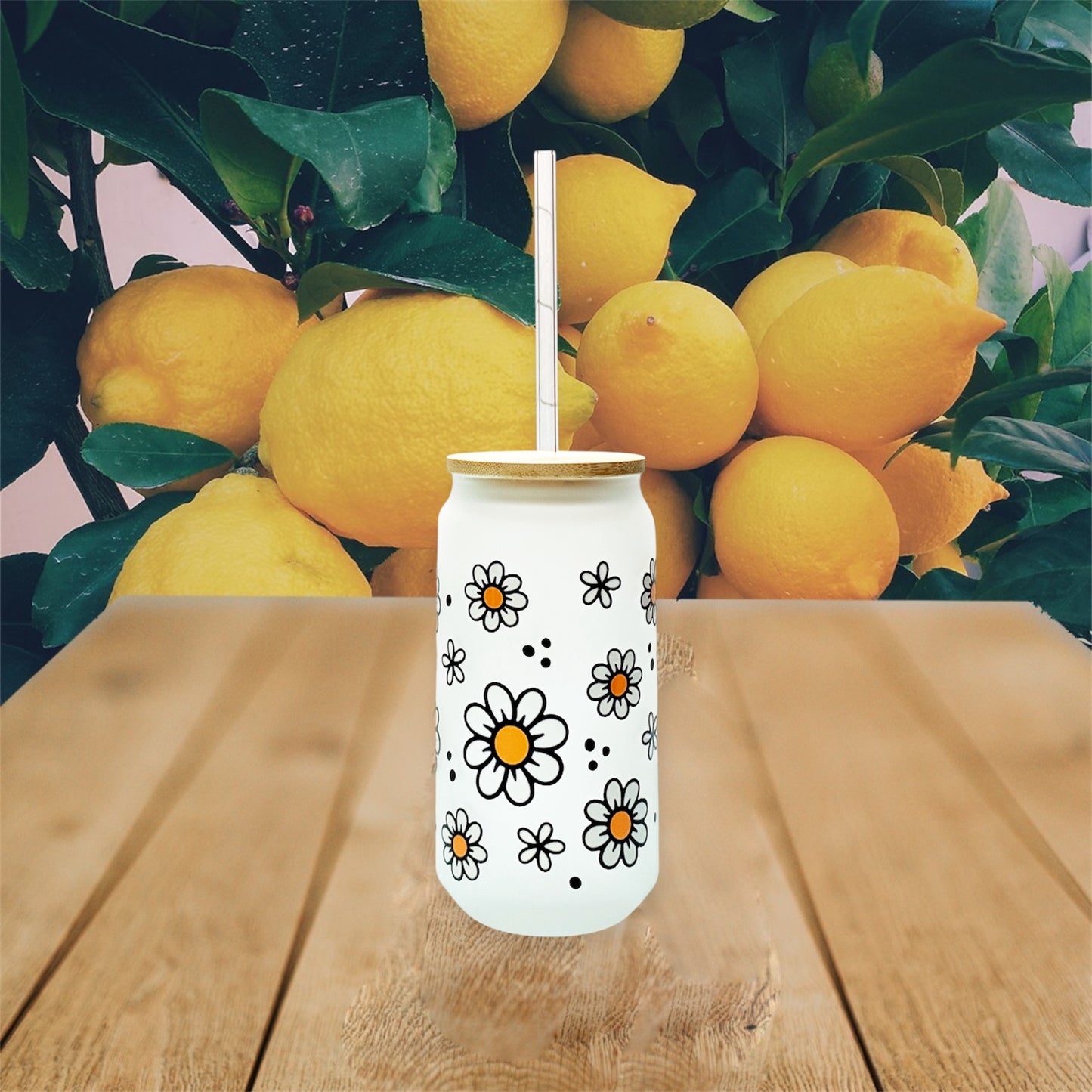 🌼✨ Frosted Glass Can Cup with Daisy Design – 16oz ✨🌼