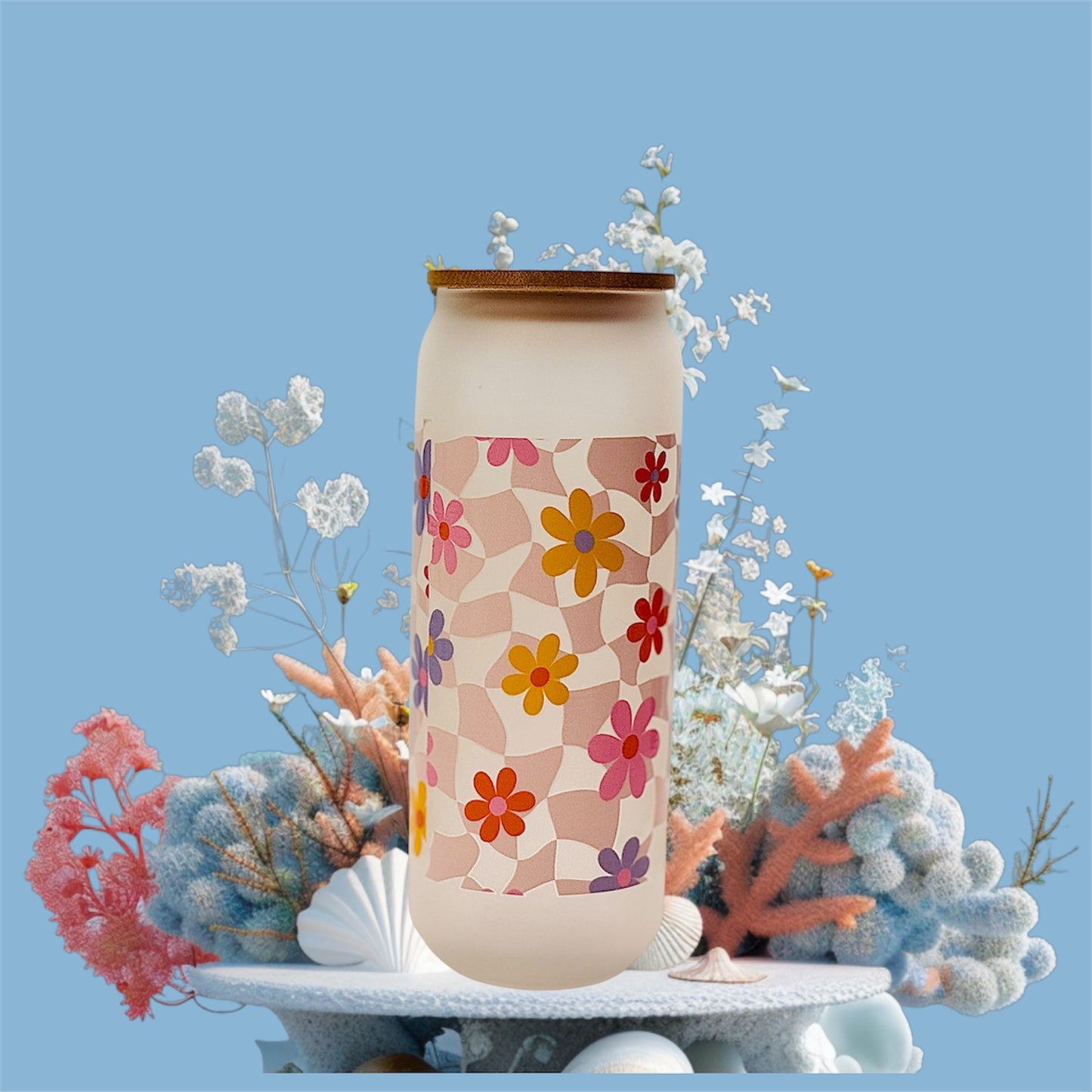 🌸✨20oz Frosted Glass Can Tumbler Wrapped in a Floral UVDTF✨🌸