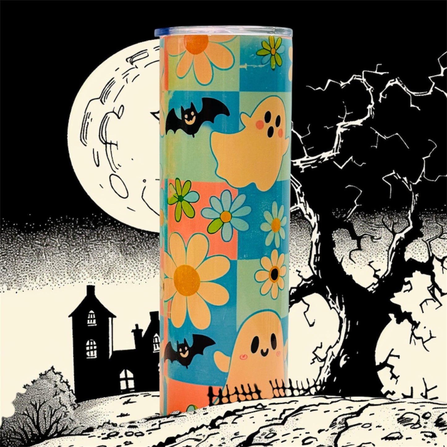 👻 30oz Sublimated Tumbler – Ghosts, Bats & Daisies Design