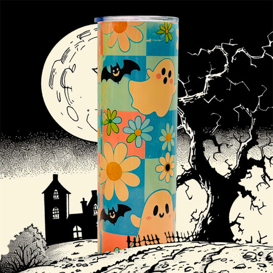 👻 30oz Sublimated Tumbler – Ghosts, Bats & Daisies Design