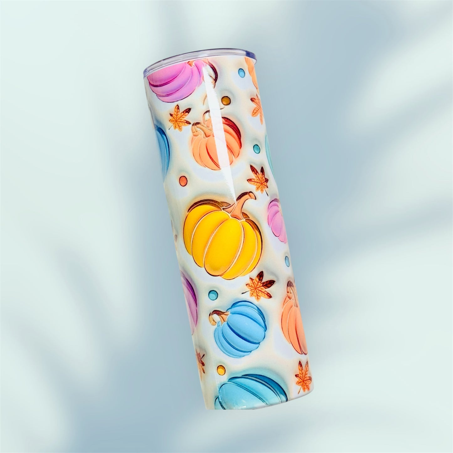 30oz Stainless Steel Sublimated Tumbler – 3D Pumpkin Full Wrap in Blue, Orange, Yellow & Pink