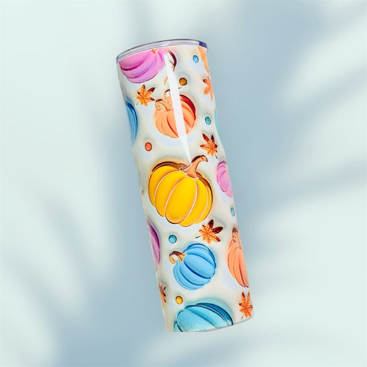 30oz Stainless Steel Sublimated Tumbler – 3D Pumpkin Full Wrap in Blue, Orange, Yellow & Pink