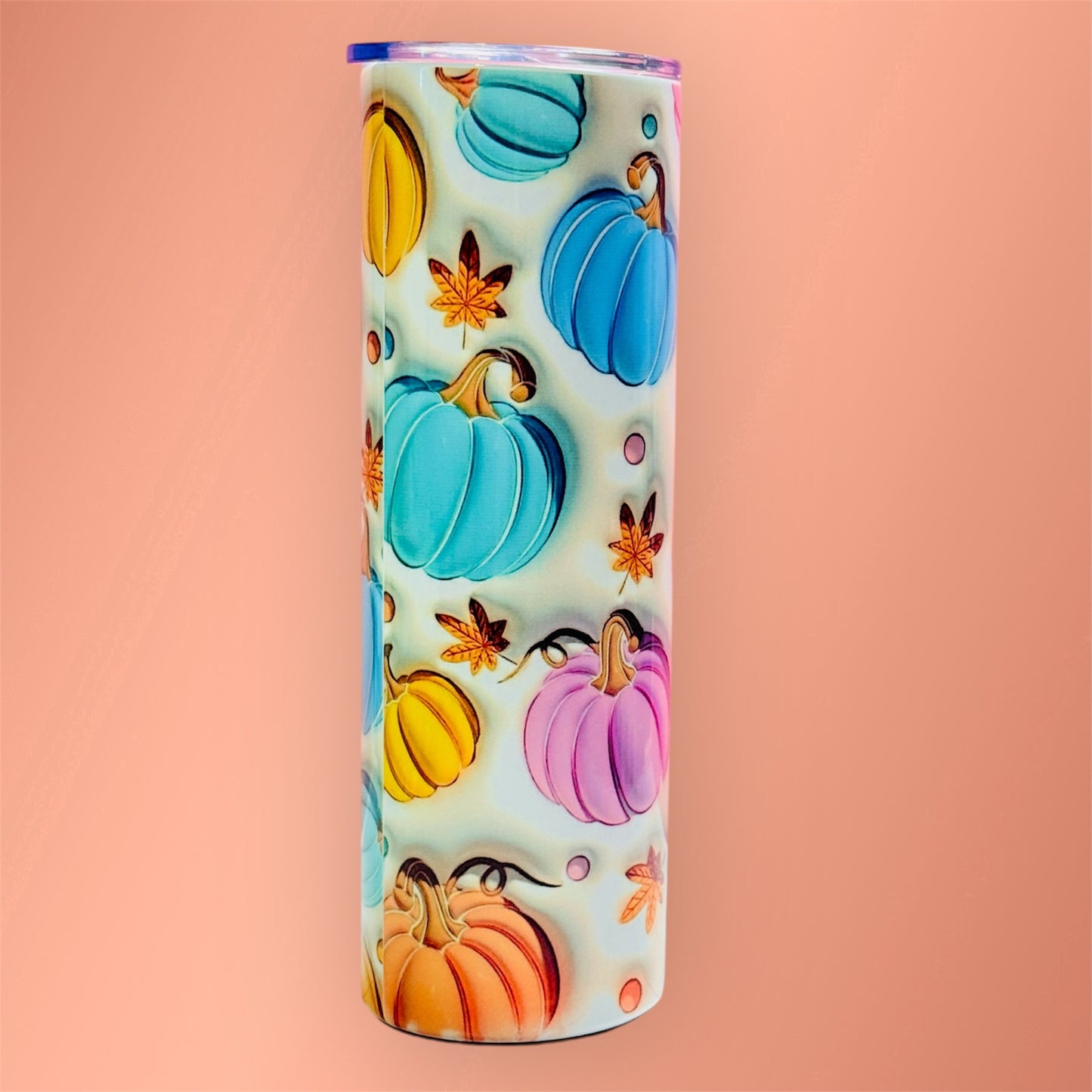 30oz Stainless Steel Sublimated Tumbler – 3D Pumpkin Full Wrap in Blue, Orange, Yellow & Pink