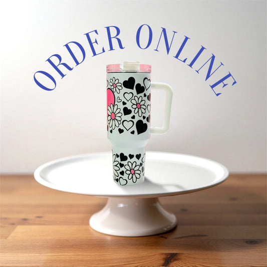 40oz Stainless Steel Tumbler with Handle – UVDTF Wrap with Black, White & Pink Heart and Flowers