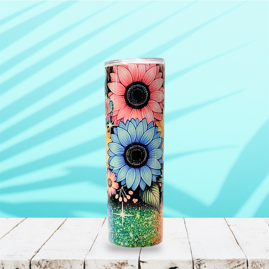 🌸 30oz Sublimated Tumbler – Colorful Sunflower & Glitter Design