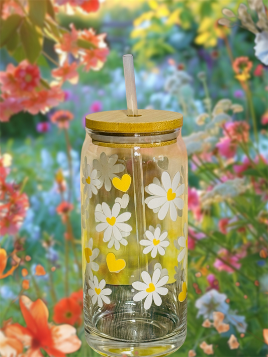 ✨ 20oz Glass Beer Can Tumbler – White Flowers with Yellow Hearts ✨