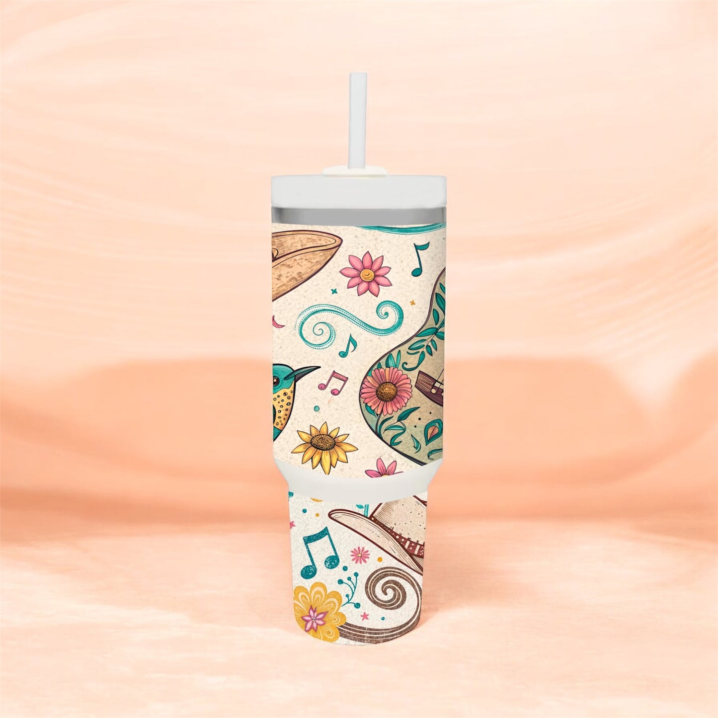 Whimsical Floral & Music Tumbler with Straw – Joy in Every Sip