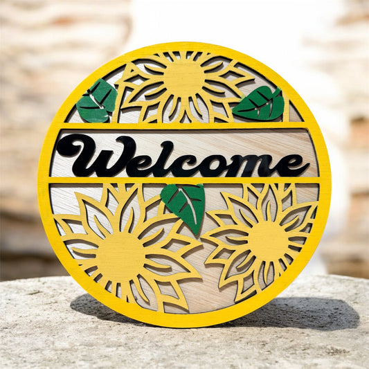 Sunflower Welcome Door Sign | Handmade Wooden Round Entryway Decor | Farmhouse Home & Porch Accent