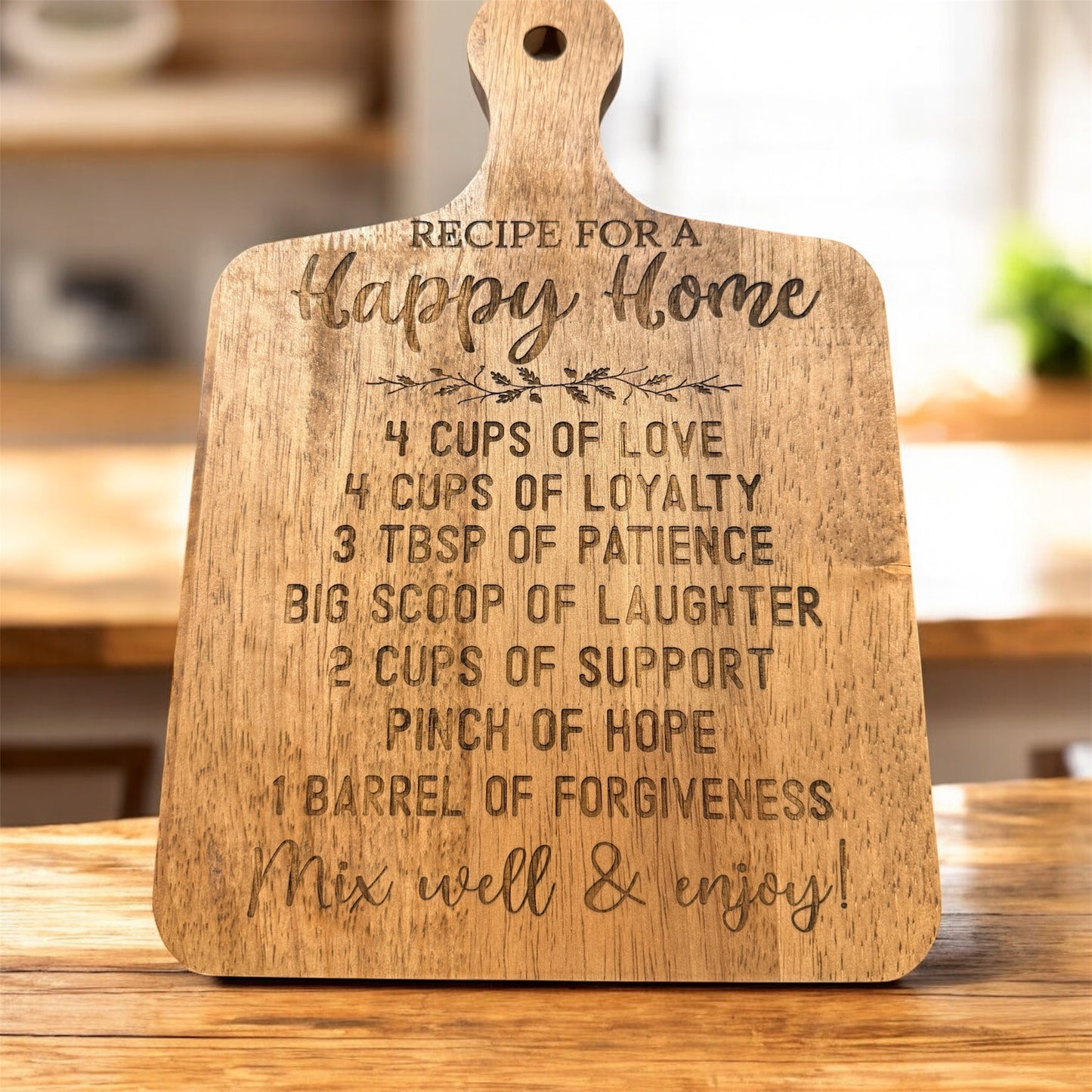 Recipe for a Happy Home Wooden Cutting Board Sign | Engraved Farmhouse Kitchen Decor | Meaningful Housewarming Gift