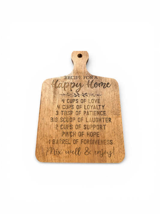Recipe for a Happy Home Wooden Cutting Board Sign | Engraved Farmhouse Kitchen Decor | Meaningful Housewarming Gift