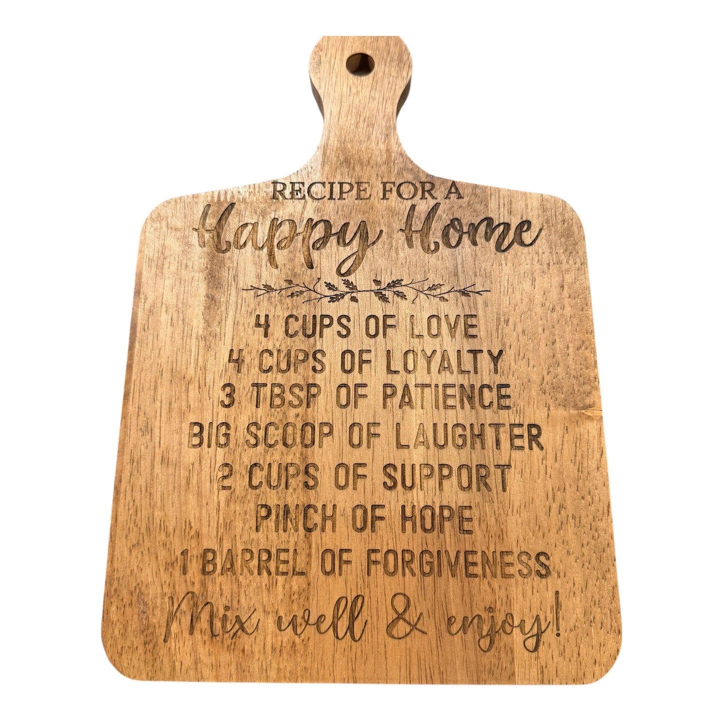 Recipe for a Happy Home Wooden Cutting Board Sign | Engraved Farmhouse Kitchen Decor | Meaningful Housewarming Gift